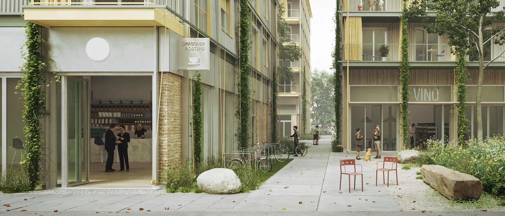 Ein Gebäude mit Wellblechfassade und Balkonen, ein anderes mit Holzfassade – so plant das Architekturbüro Kaden+ zwei Wohnhäuser am Dragonerareal in Kreuzberg.