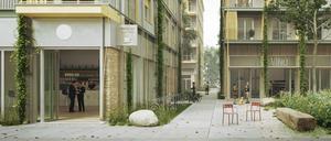 Ein Gebäude mit Wellblechfassade und Balkonen, ein anderes mit Holzfassade – so plant das Architekturbüro Kaden+ zwei Wohnhäuser am Dragonerareal in Kreuzberg.