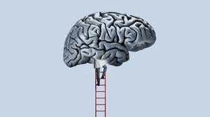 Ein Arzt klettert per Leiter in ein Gehirn (Illustration).