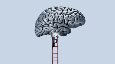 Ein Arzt klettert per Leiter in ein Gehirn (Illustration).