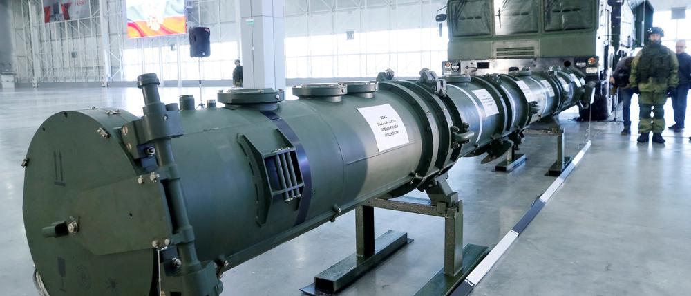 Eine Komponente des Marschflugkörpersystems SSC-8/9M729 wird am 23. Januar 2019 im Patriot Expocentre bei Moskau präsentiert.