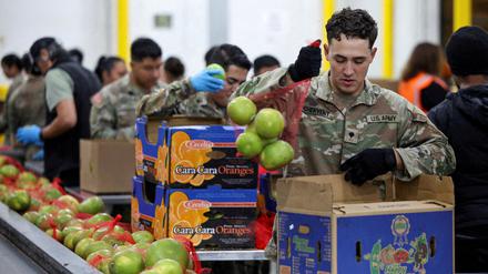 Soldaten der Nationalgarde packen Pakete mit Nahrungsmitteln für Sozialhilfe. 42 Millionen Amerikaner erhalten diese Hilfe.