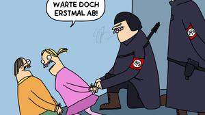 Geflügelter Bleistift in Gold: Piero Masztalerz „Abwarten“, Quelle: Piero Masztalerz / Deutscher Karikaturenpreis