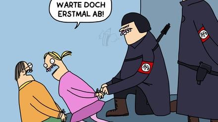 Geflügelter Bleistift in Gold: Piero Masztalerz „Abwarten“, Quelle: Piero Masztalerz / Deutscher Karikaturenpreis