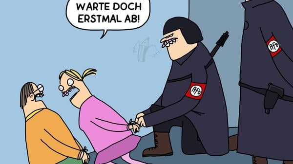 Geflügelter Bleistift in Gold: Piero Masztalerz „Abwarten“, Quelle: Piero Masztalerz / Deutscher Karikaturenpreis