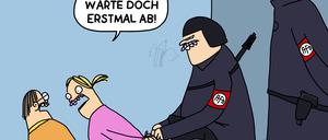 Geflügelter Bleistift in Gold: Piero Masztalerz „Abwarten“, Quelle: Piero Masztalerz / Deutscher Karikaturenpreis