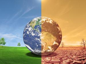 Eine Weltkugel zwischen grüner Wiese und Dürre. Die UN gehen davon aus, dass die globale Temperatur bis 2100 um 2,8 Grad steigen wird.