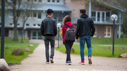 Drei jugendliche syrische Flüchtlinge gehen in Dahlem bei Dahlenburg (Niedersachsen) auf dem Gelände des Internatsgymnasiums Marienau zum Unterricht.