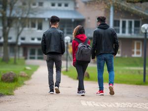 Drei jugendliche syrische Flüchtlinge gehen in Dahlem bei Dahlenburg (Niedersachsen) auf dem Gelände des Internatsgymnasium Marienau zum Unterricht.