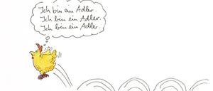 Peter Gaymanns Zeichnungen illustrieren Alexandra Lüthens Roman "Nu Jork, Nu Jork": Das Huhn Henni verfolgt seinen Traum, fliegen zu lernen. Natürlich in New York, der Stadt der unbegrenzten Möglichkeiten.