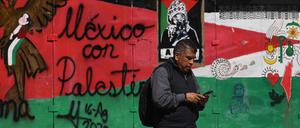 A man walks past a mural painted on a metal fence by pro-Palestinian supporters in the so-called Palestine Plaza in Mexico City on November 7, 2025. The United States and Israel on Friday accused Iran of plotting to assassinate Israel's ambassador to Mexico, in what would be the latest attempt to take the two countries' conflict to another region. (Photo by Yuri CORTEZ / AFP)