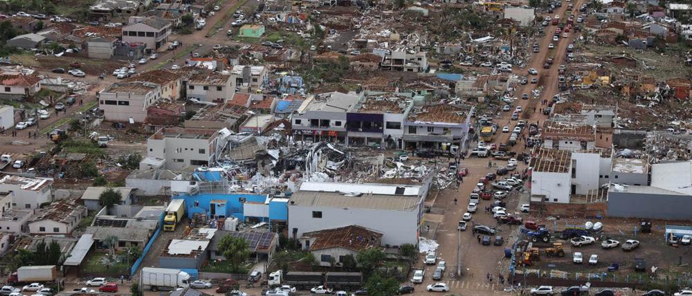 Drohnenaufnahmen zeigten ganze Stadtteile in Trümmern. (Handout)