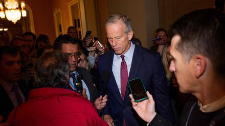 WASHINGTON, DC - NOVEMBER 8: Senate Majority Leader John Thune (R-SD) speaks to members of the press as he heads to his office in the Capitol Building on November 8, 2025 in Washington, DC. Today marks Day 39th day of the government shutdown, the longest in U.S. history. Aaron Schwartz/Getty Images/AFP (Photo by Aaron Schwartz / GETTY IMAGES NORTH AMERICA / Getty Images via AFP)