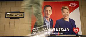 Wahlplakate von Franziska Giffey und Martin Hikel in Berlin am 18. Januar 2023. Wahlwerbung zur Wiederholungswahl in Berlin *** Election posters of Franziska Giffey and Martin Hikel in Berlin on 18 January 2023 election advertising for the repeat election in Berlin