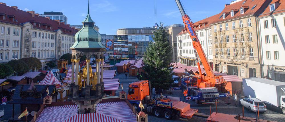 Schon seit Ende Oktober stehen die ersten Buden auf dem Alten Markt vor dem Magdeburger Rathaus (Archivbild).