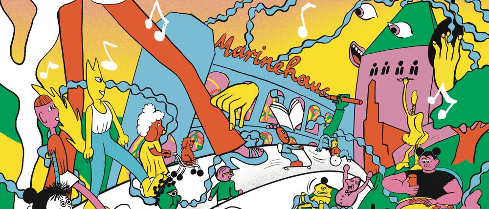 Die von der Berliner Comiczeichnerin Aisha Franz geschaffene Illustration zeigt das Märkische Museum mit dem benachbarten Marinehaus und der zerstörten Waisenbrücke, deren Wiederaufbau das Museum sich wünscht. Sie war das Hauptmotiv zur „Fete am Park x Waisenbrückentag“ am 21. Juni dieses Jahres am Märkischen Platz.