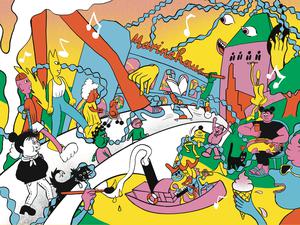 Die von der Berliner Comiczeichnerin Aisha Franz geschaffene Illustration zeigt das Märkische Museum mit dem benachbarten Marinehaus und der zerstörten Waisenbrücke, deren Wiederaufbau das Museum sich wünscht. Sie war das Hauptmotiv zur „Fete am Park x Waisenbrückentag“ am 21. Juni dieses Jahres am Märkischen Platz.