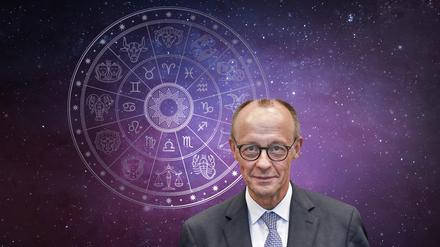 Skorpion-Mann Friedrich Merz vor den Sternkreiszeichen.