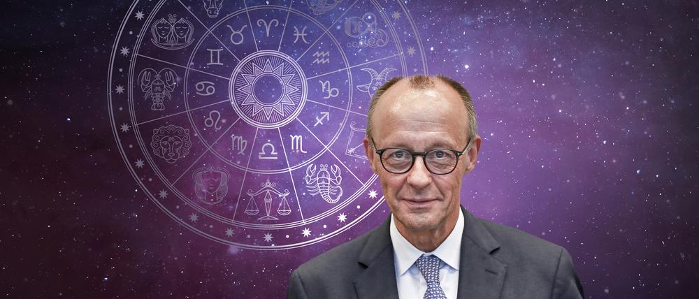 Skorpion-Mann Friedrich Merz vor den Sternkreiszeichen.