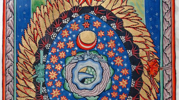 Erde, Sonne, Planeten, Elemente und Himmelsrichtungen harmonisch vereint. Miniatur „Das Weltenei“ aus dem Rupertsberger Scivias-Kodex nach dem verschollenen Original der Hildegard von Bingen (ca. 1175, Handkopie ca. 1930).