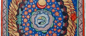 Erde, Sonne, Planeten, Elemente und Himmelsrichtungen harmonisch vereint. Miniatur „Das Weltenei“ aus dem Rupertsberger Scivias-Kodex nach dem verschollenen Original der Hildegard von Bingen (ca. 1175, Handkopie ca. 1930).