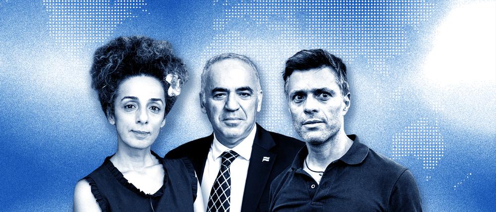 Die Exiloppositionellen Masih Alinejad, Garry Kasparow und Leopoldo López.