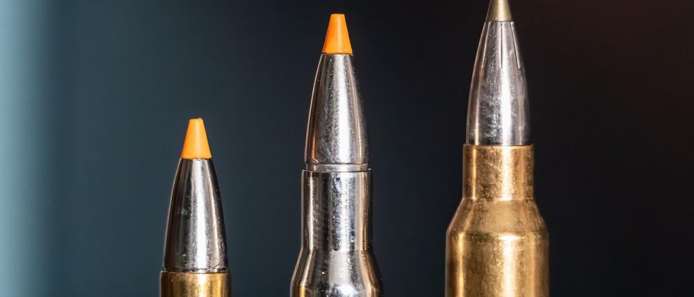 Jagdpatronen im Kaliber 308 Winchester (l-r), 30-06 Springfield und 300 Winchester Magnum stehen bei einem Jäger auf einem Waffenschrank. (Symbolbild)