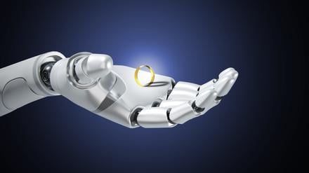 Willst du mich heiraten? Roboter mit Ring.