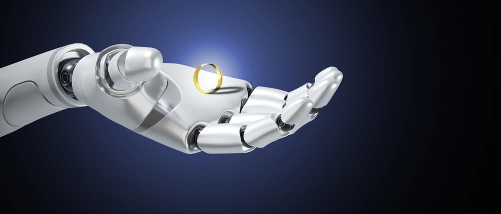 Willst du mich heiraten? Roboter mit Ring.