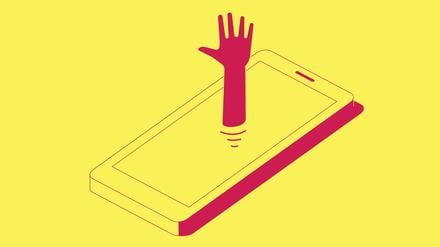 Illustration: Eine Hand kommt aus dem Screen eines Smartphones.