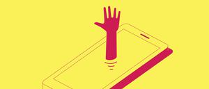 Illustration: Eine Hand kommt aus dem Screen eines Smartphones.