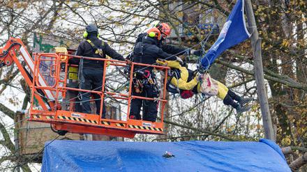 Polizisten gehen gegen einen Aktivisten vor, der im sogenannten Sündenwäldchen am Rande des Tagebaus Hambach im Hambacher Forst in einem Baum hängt.