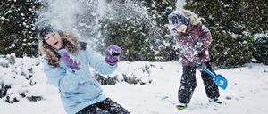 Ein Schneewirbel der anderen Art: ein Junge bewirft seine Mutter mit Schnee.