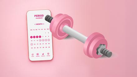 Ein Periodenkalander und eine Hantel (Illustration).