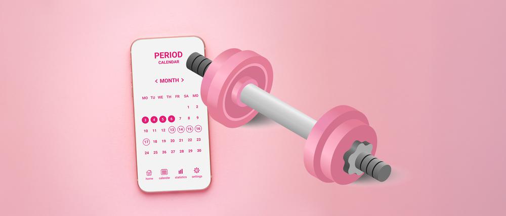 Ein Periodenkalander und eine Hantel (Illustration).