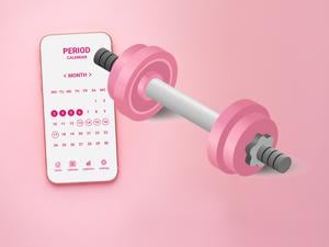 Ein Periodenkalander und eine Hantel (Illustration).