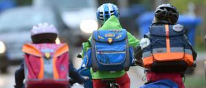 Kinder sind auf einer Straße mit dem Fahrrad unterwegs zur Schule. (Symbolbild)