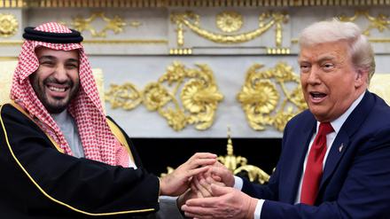 U.S. President Donald Trump and Saudi Crown Prince and Prime Minister Mohammed bin Salman hold hands during a meeting in the Oval Office at the White House in Washington, D.C., U.S., November 18, 2025.  REUTERS/Evelyn Hockstein