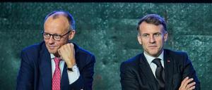 Der französische Präsident Emmanuel Macron und der deutsche Bundeskanzler Friedrich Merz sind auf dem Gipfeltreffen zur technologischen Souveränität Europas am 18. November 2025 auf dem EUREF-Campus in Berlin zu sehen.
