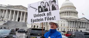 „Veröffentlicht die Epstein-Akten“ steht auf dem Schild dieses Demonstranten vor dem US-Kongress.
