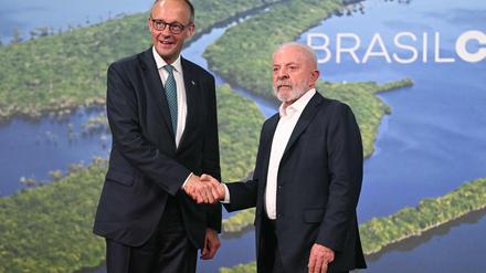 Kanzler Friedrich Merz (L) and Brasiliens Präsident Luiz Inacio Lula da Silva. 