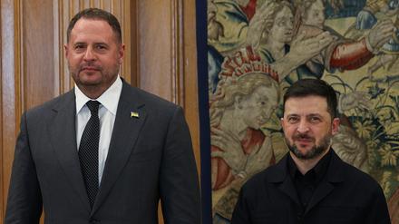 Der ukrainische Präsident Wolodymyr Selenskyj (r) und der Leiter des Präsidialamtes der Ukraine, Andrij Jermak, posieren für die Presse, als sie sich mit dem spanischen König Felipe (nicht im Bild) im Zarzuela-Palast in Madrid, Spanien, am 18. November 2025 treffen.