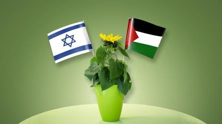 Collage zum Thema: Parteitag der Grünen, die dort über ihr Verhältnis zu Israel und Gaza streiten werden.