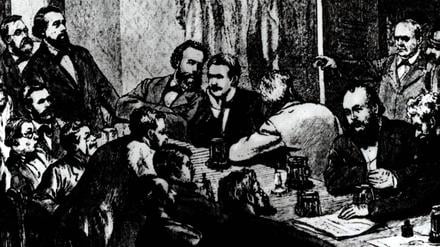 Breaking up of a meeting of a meeting of the Social Democrats, Leipzig, 1881. Among the participants were Wilhelm Liebknecht and August Bebel. Engraving. WHA PUBLICATIONxINxGERxSUIxAUTxONLY !ACHTUNG AUFNAHMEDATUM GESCHÄTZT! Copyright: WHA UnitedArchives011830   Agenda_160_Geburtstag_SPD