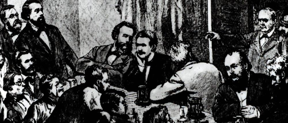 Breaking up of a meeting of a meeting of the Social Democrats, Leipzig, 1881. Among the participants were Wilhelm Liebknecht and August Bebel. Engraving. WHA PUBLICATIONxINxGERxSUIxAUTxONLY !ACHTUNG AUFNAHMEDATUM GESCHÄTZT! Copyright: WHA UnitedArchives011830   Agenda_160_Geburtstag_SPD
