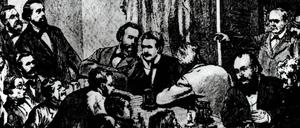 Breaking up of a meeting of a meeting of the Social Democrats, Leipzig, 1881. Among the participants were Wilhelm Liebknecht and August Bebel. Engraving. WHA PUBLICATIONxINxGERxSUIxAUTxONLY !ACHTUNG AUFNAHMEDATUM GESCHÄTZT! Copyright: WHA UnitedArchives011830   Agenda_160_Geburtstag_SPD