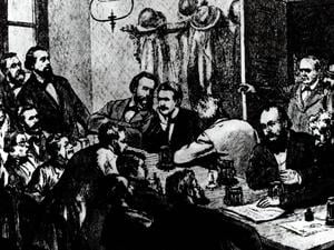 Breaking up of a meeting of a meeting of the Social Democrats, Leipzig, 1881. Among the participants were Wilhelm Liebknecht and August Bebel. Engraving. WHA PUBLICATIONxINxGERxSUIxAUTxONLY !ACHTUNG AUFNAHMEDATUM GESCHÄTZT! Copyright: WHA UnitedArchives011830 Agenda_160_Geburtstag_SPD