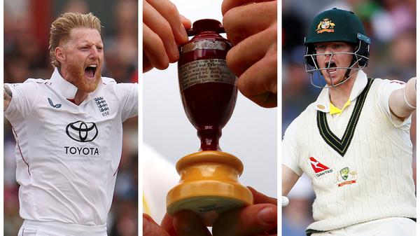 Englands Ben Stokes (l.) und Australiens Steve Smith spielen wochenlang um diesen winzigen Pokal.