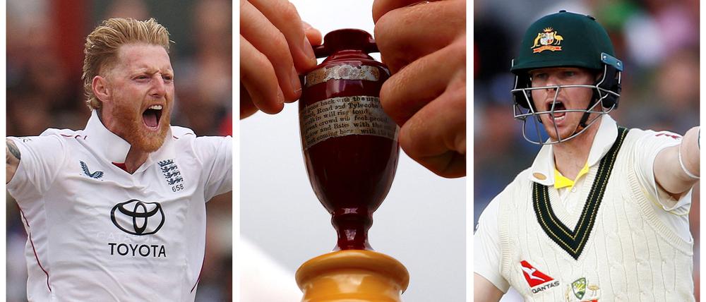 Englands Ben Stokes (l.) und Australiens Steve Smith spielen wochenlang um diesen winzigen Pokal.