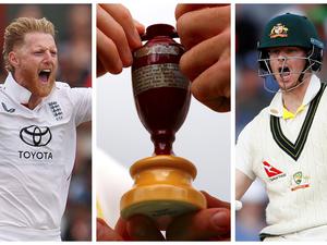 Englands Ben Stokes (l.) und Australiens Steve Smith spielen wochenlang um diesen winzigen Pokal.